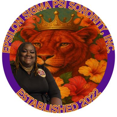 Woman posing in front of a lion with a crown emblem for Epsilon Sigma Psi Sorority.