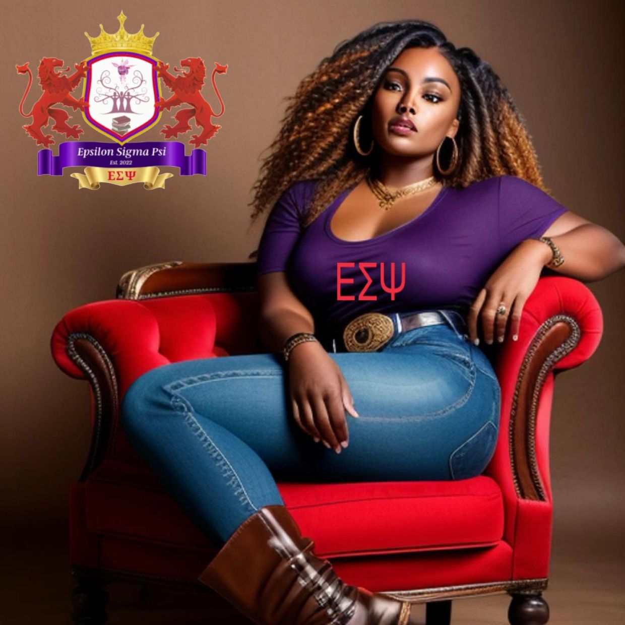 Confident woman in purple and jeans sitting on a red armchair with Epsilon Sigma Psi emblem.
