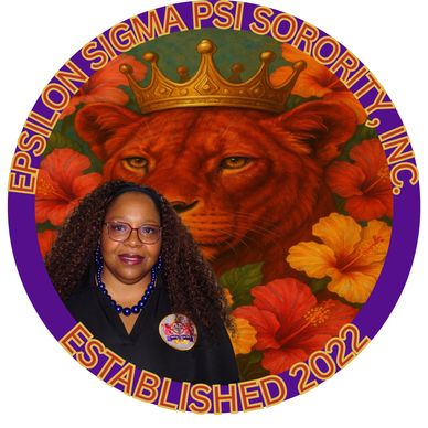 Woman in front of a lion with a crown, surrounded by flowers and sorority text.