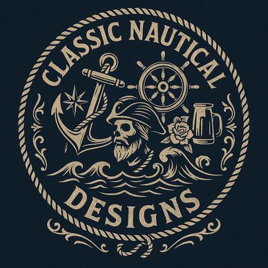 Vintage nautical emblem with pirate skull, anchor, ship wheel, and beer mug.