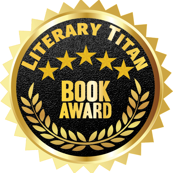 Gold and black Literary Titan Book Award emblem with stars and laurel.
