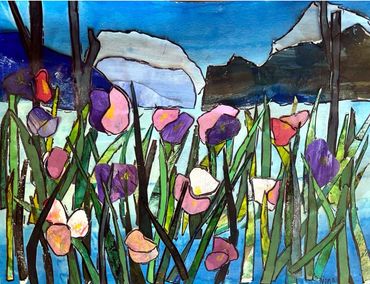 Stained Glass Collage Landscape by student age 9