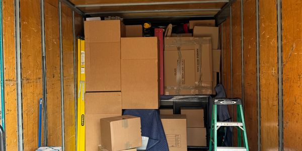 Stacks of boxes being stored before a move in Mishawaka, Indiana.