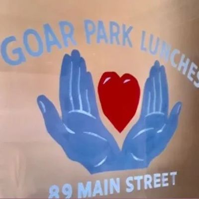 Logo with blue hands and a red heart, featuring text for Goar Park Lunches.