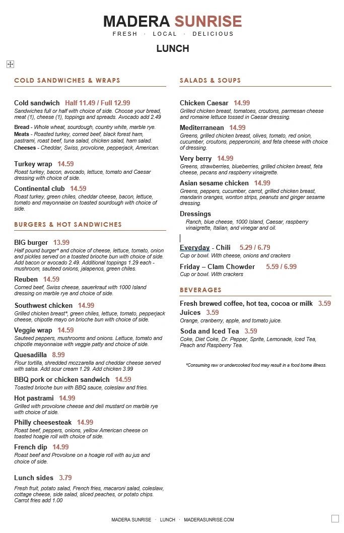 Madera Sunrise lunch menu with sandwiches, burgers, salads, soups, and beverages.