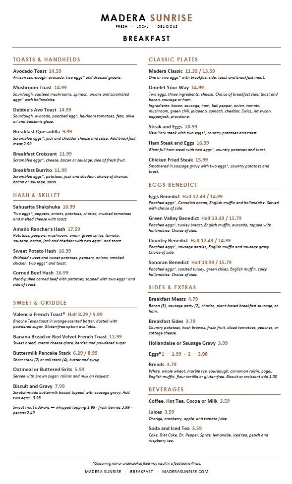 Madera Sunrise breakfast menu with toasts, classic plates, eggs benedict, sides, and beverages.