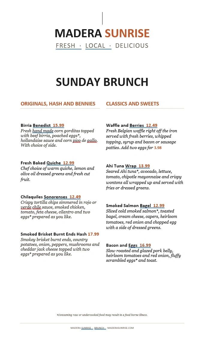 Sunday brunch menu at Madera Sunrise featuring local and fresh dishes.
