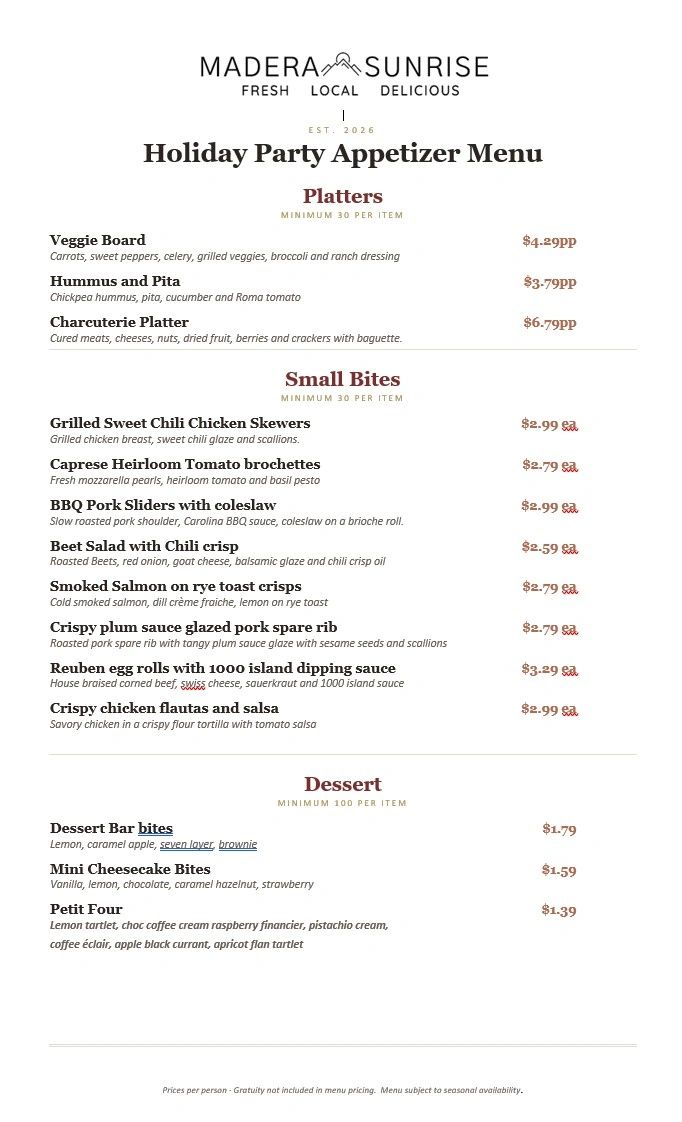 Holiday party appetizer menu with platters, small bites, and desserts.