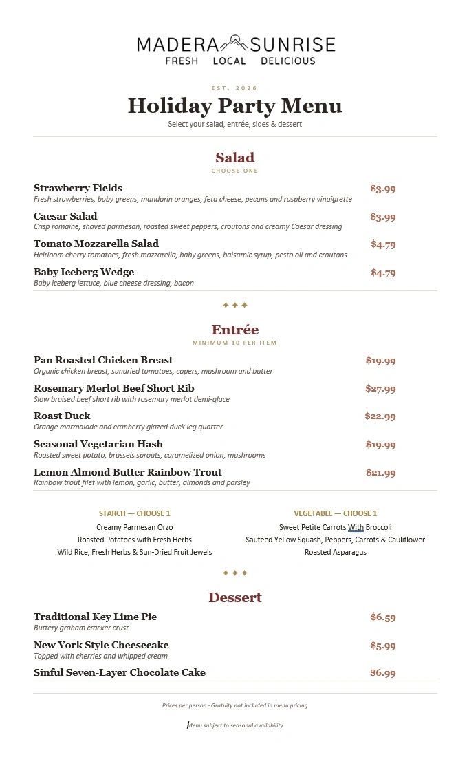Holiday Party Menu with salads, entrées, sides, and desserts from Madera Sunrise.