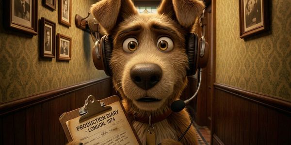 Animated dog with headset holding a production diary.