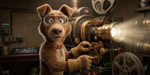 Animated dog operating an old film projector.