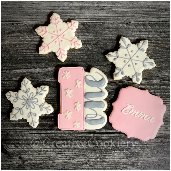 First birthday, winter themed, custom decorated sugar cookies.