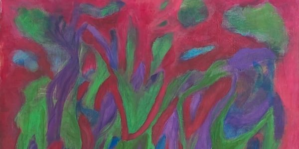 Abstract painting with green, red, and purple shapes.