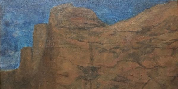 Painting of rocky cliffs under a blue sky.
