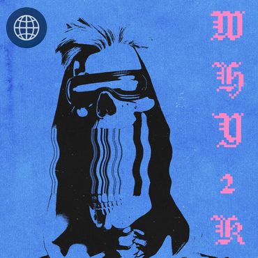 Glitch art of a skull wearing VR goggles on a blue background with pixelated pink text.