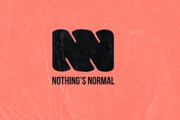 Black abstract shape with 'Nothing's Normal' text on textured coral background.