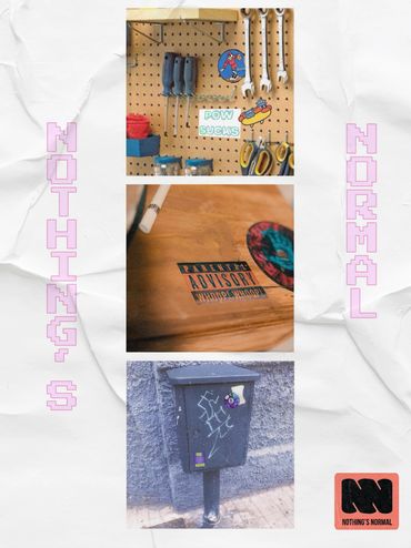 Collage of stickers on tools, a wooden surface, and a mailbox with 'Nothing's Normal' text.