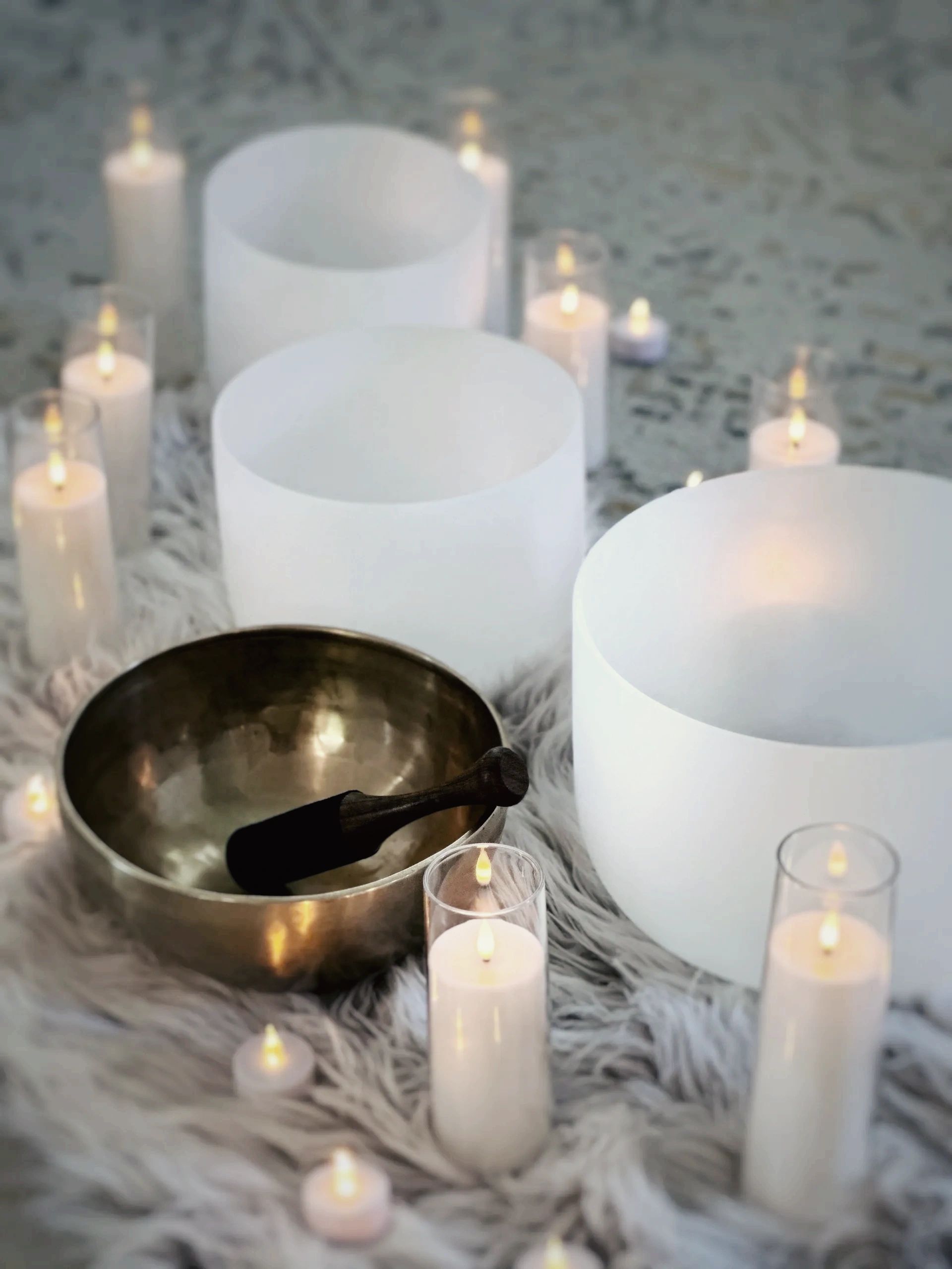 Crystal singing bowls at Melissa's sound bath in Folsom, CA