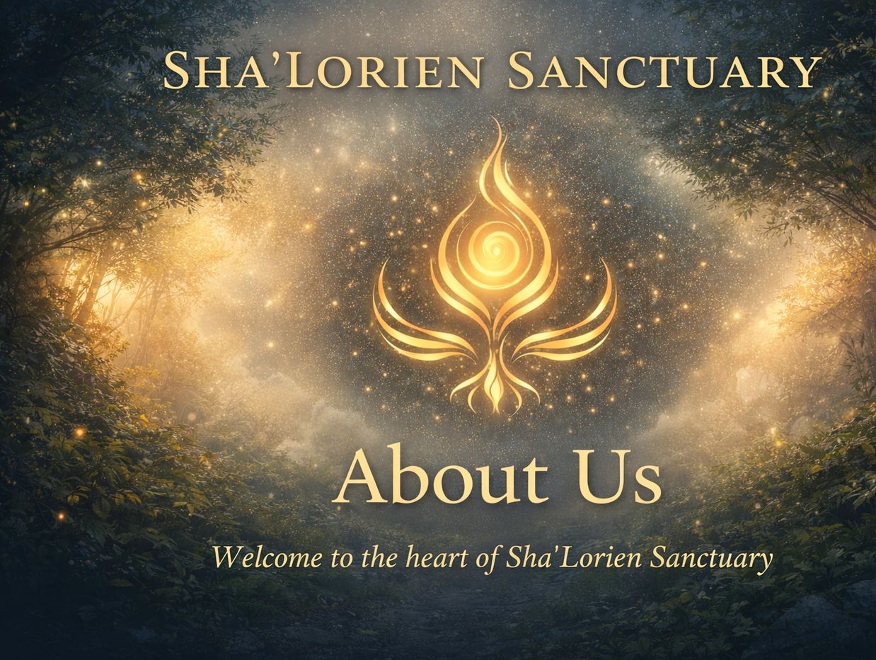 Sha'Lorien Sanctuary About Us with mystical symbol and glowing forest.