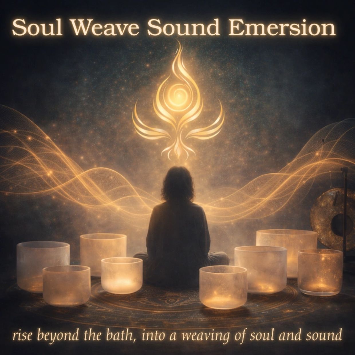 Meditative sound bath with glowing energy and soul weaving.