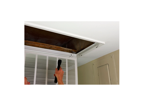 inspector holding flashlight looking into a vent