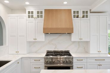 Beautiful Custom Crystal Cabinets with Custom Rift White Oak Hood!