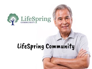 Smiling elderly man representing LifeSpring Community with logo and text.
