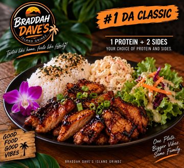 Classic Hawaiian plate with grilled chicken, rice, macaroni salad, and green salad.