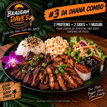 #3 Da Ohana Combo with meats, sides, and musubi.