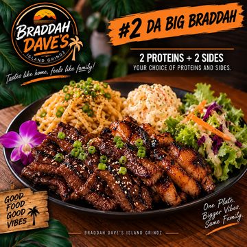 Plate with grilled meats, noodles, salad, and sides from Braddah Dave's.