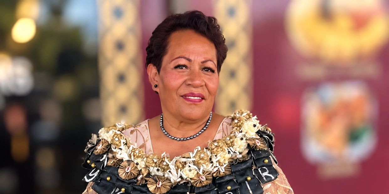 A smiling woman in traditional Pacific Island attire.