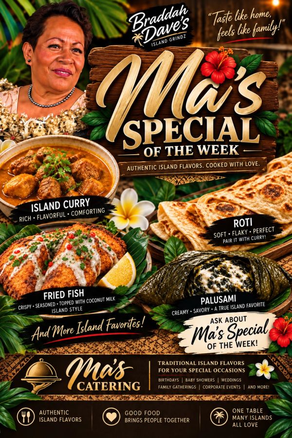 Ma's Special island cuisine with curry, roti, fried fish, and palusami.