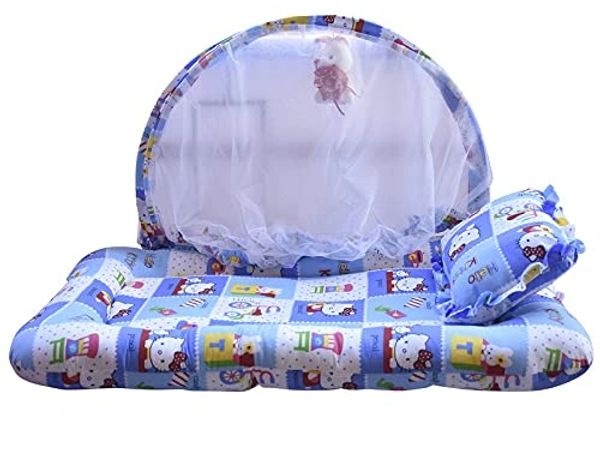Baby bed with blue Hello Kitty print and mosquito net.