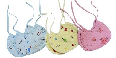 Three pairs of colorful baby bibs with animal and toy prints.
