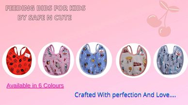 Colorful kids' feeding bibs from Safe N Cute.