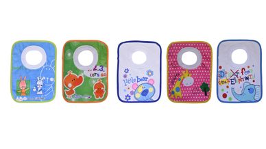 Set of five colorful baby bibs with animal and playful designs.