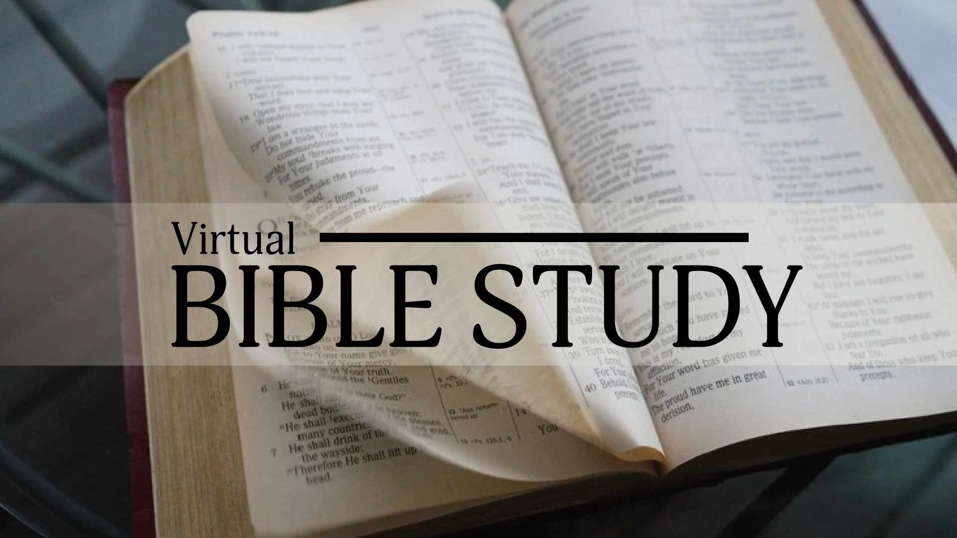 Open Bible with text overlay announcing a virtual Bible study session.