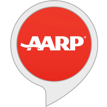 Red circular AARP logo with white text inside a speech bubble shape.