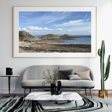 The large picture in a room with a sofa table and cactus