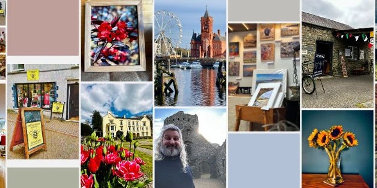 Collage of pictures of flowers locations and a man