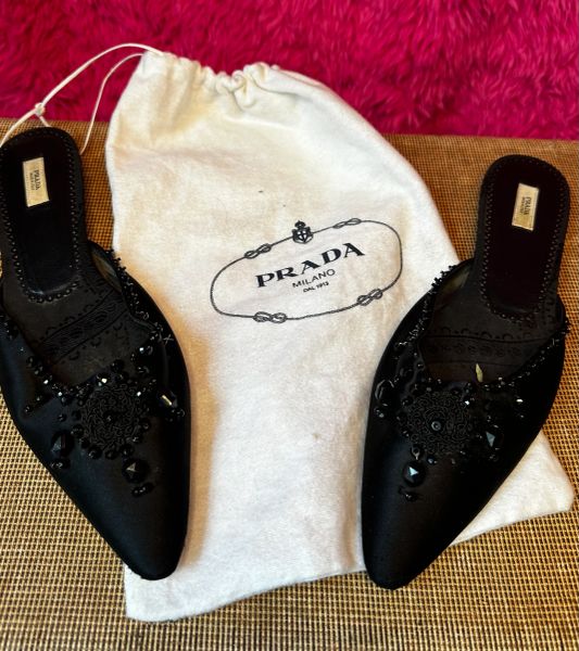 Vintage PRADA Satin Beaded Accents Mules