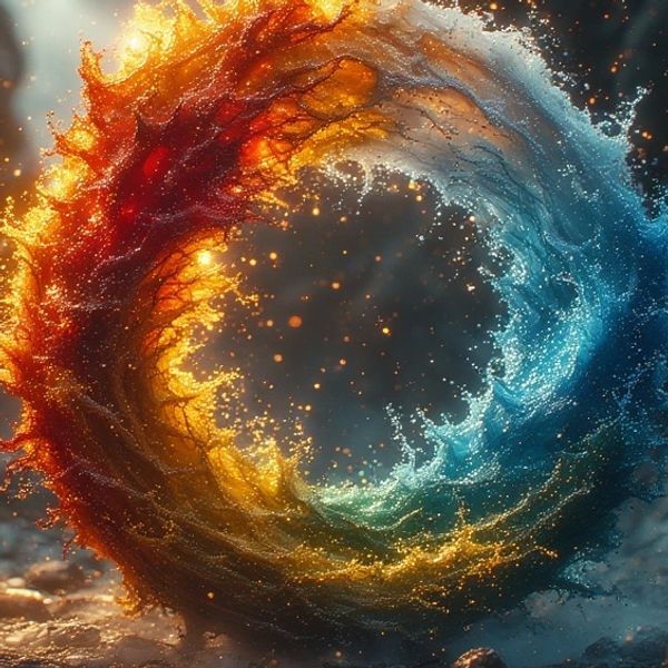 A vibrant ring of swirling fire and water creating a dynamic contrast.