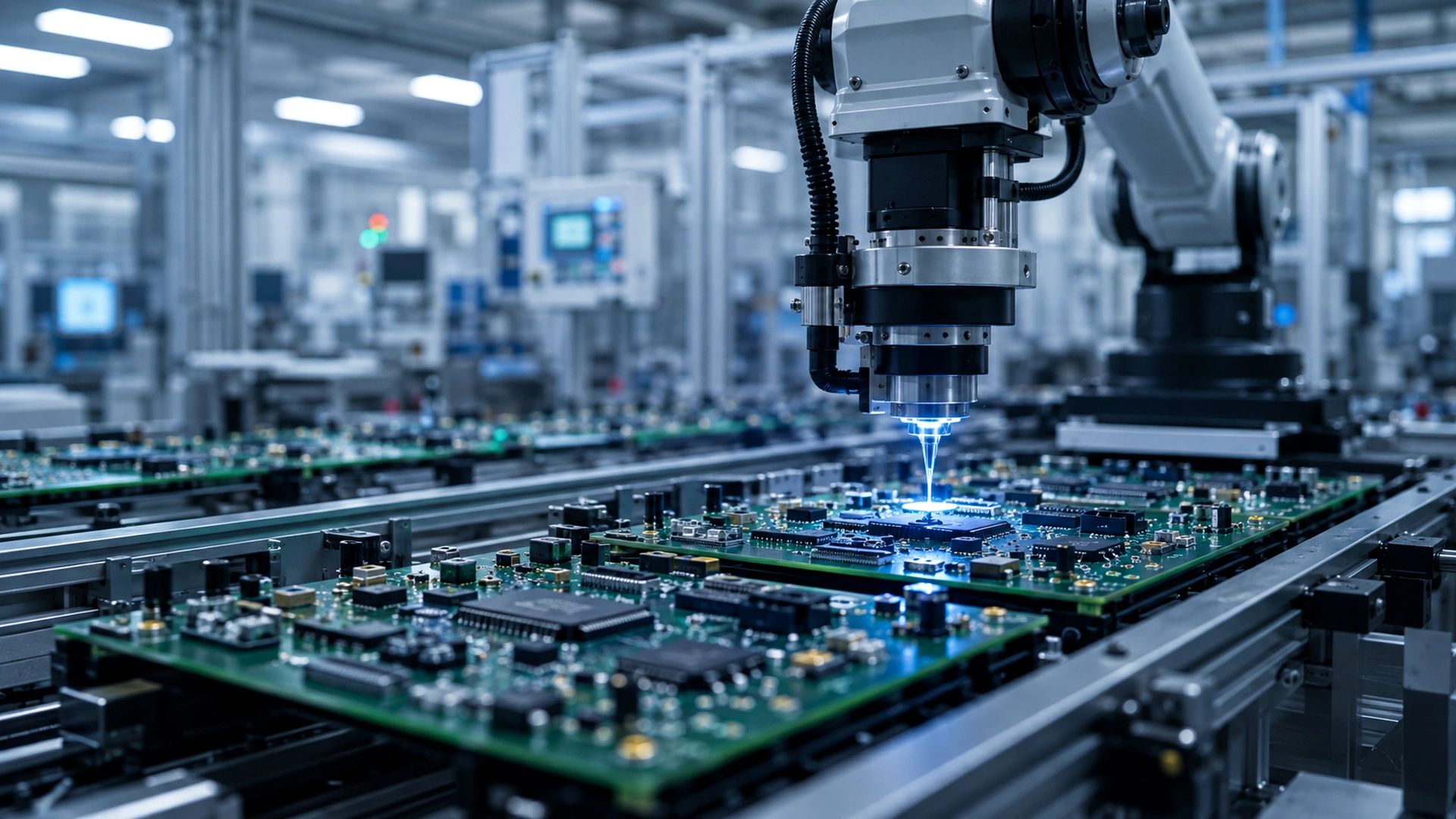 Automated machine assembling electronic circuit boards.