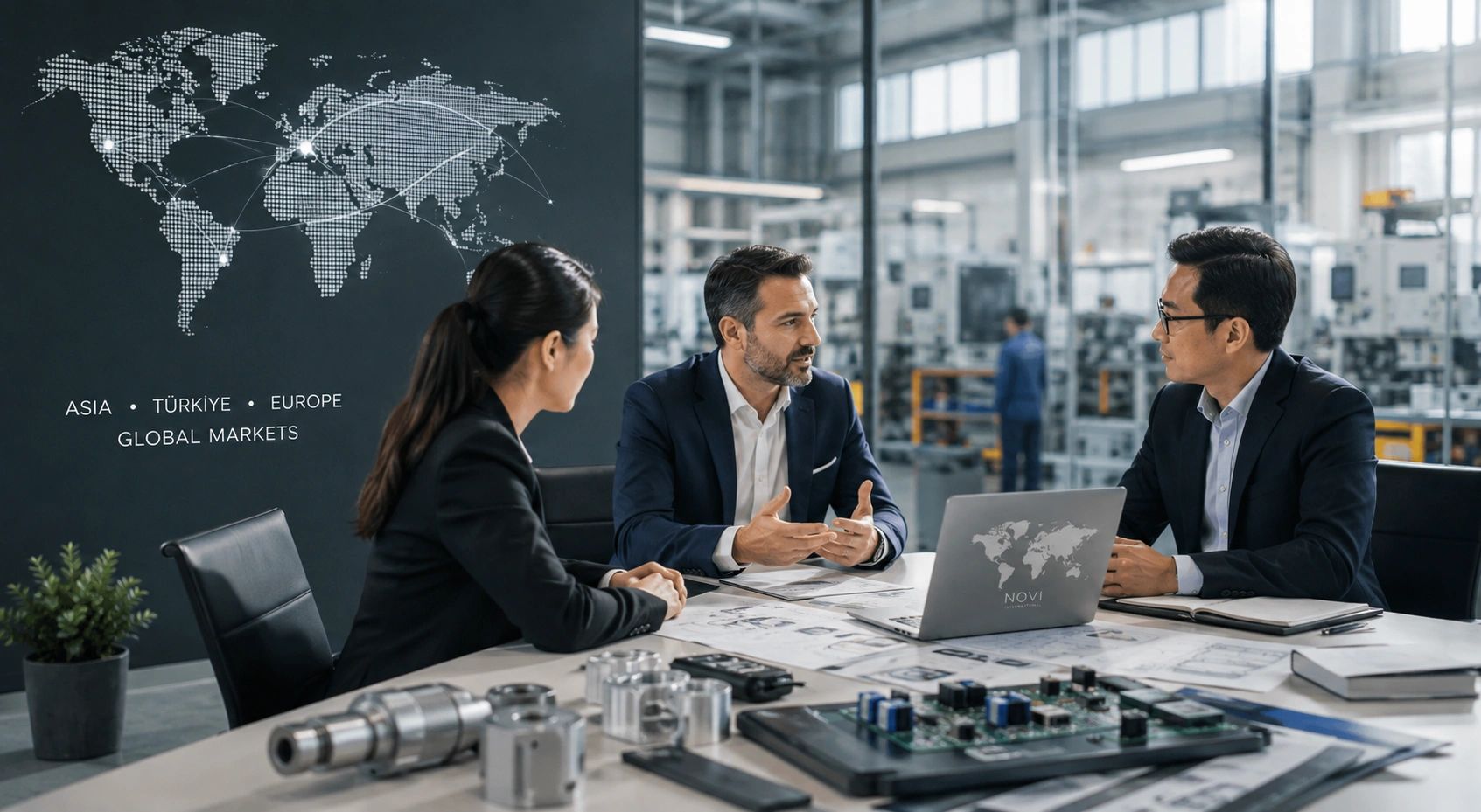 Business meeting with global market focus in a modern office.