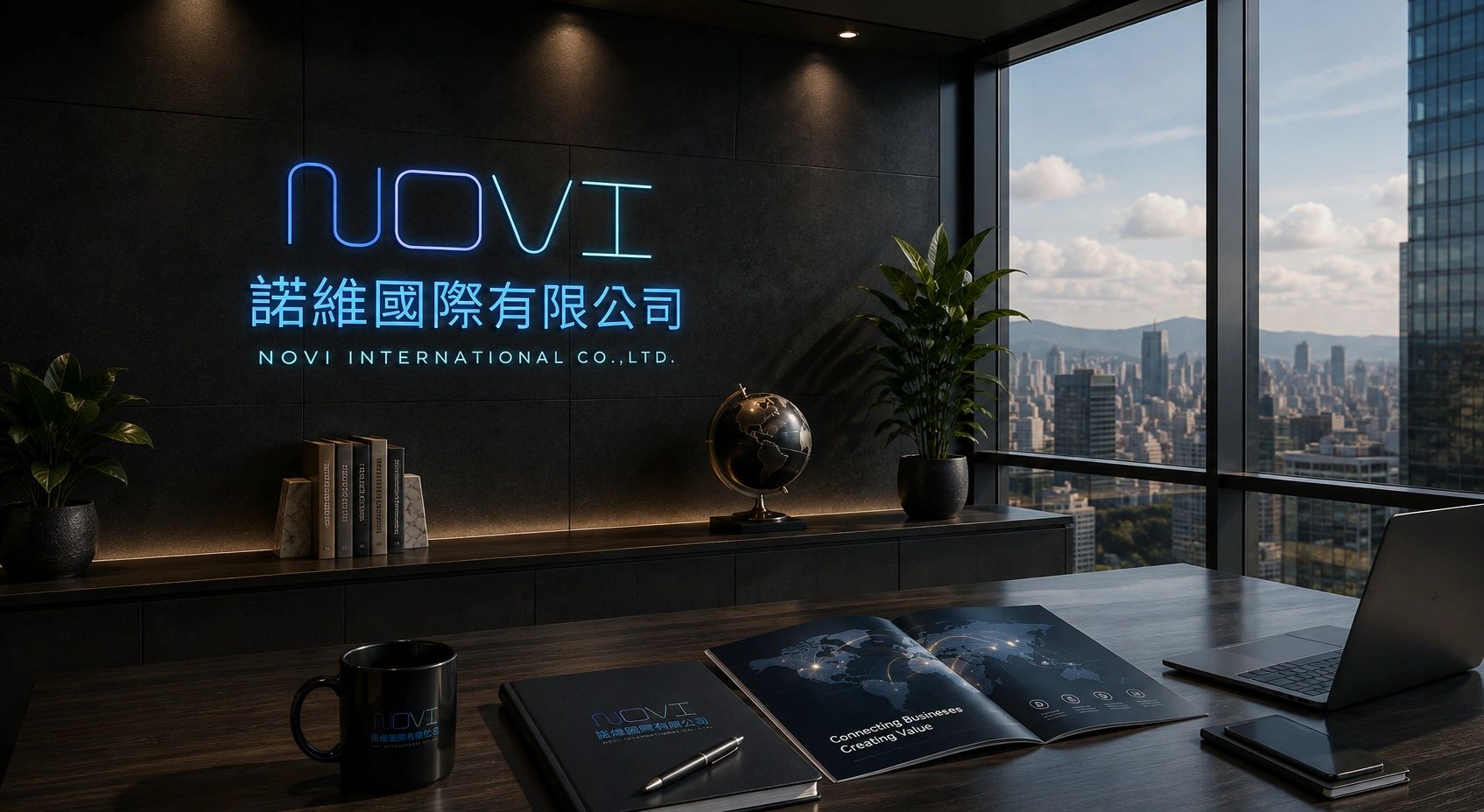 Modern office with NOVI International signage and city view.