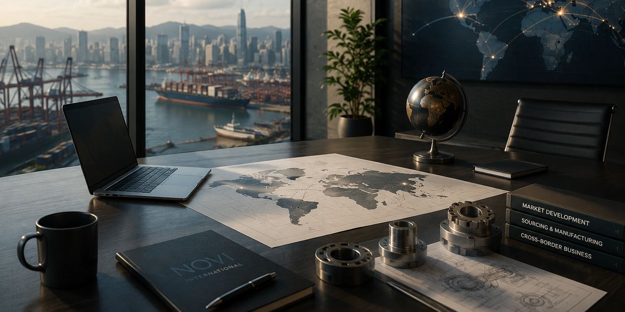 Office desk with world map and mechanical parts near a harbor view.