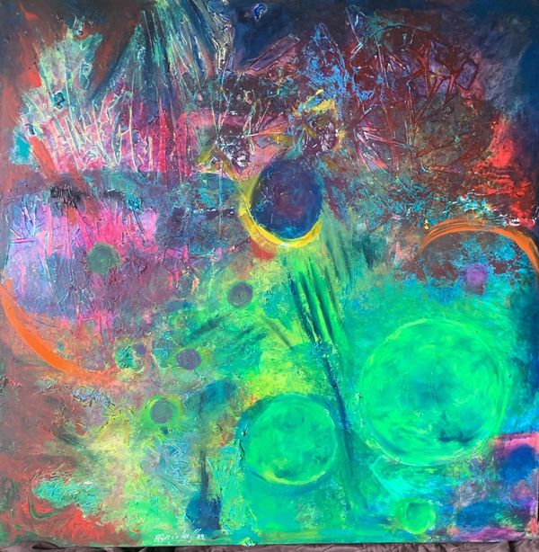 Abstract painting with vibrant neon colors and textured layers.