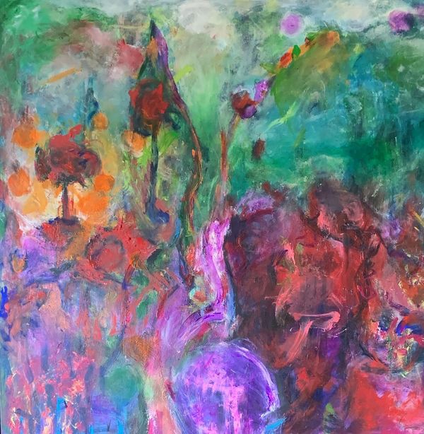 Abstract floral painting with vibrant colors and dynamic brushstrokes.