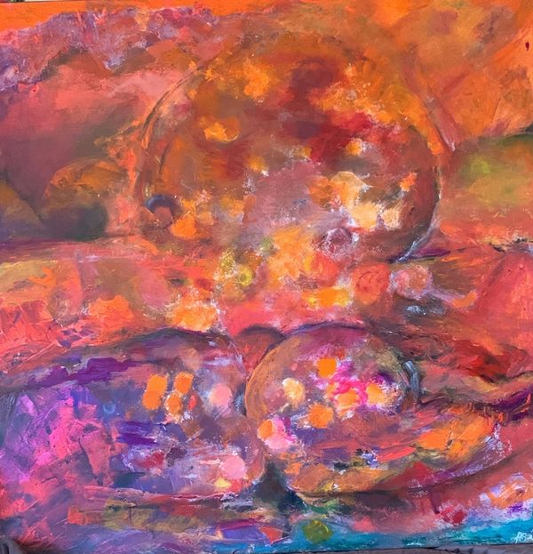 Abstract painting with vibrant orange, pink, and purple hues and circular shapes.