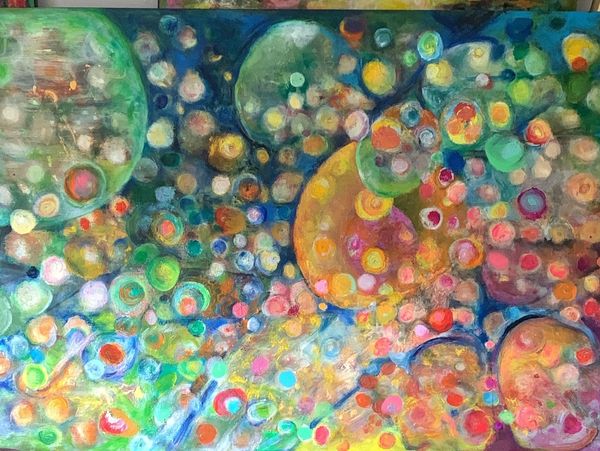 Abstract painting with colorful circular patterns and bubbles.
